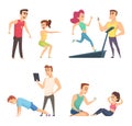 Gym training. Set of cartoon sport characters Royalty Free Stock Photo