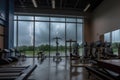 gym with view of stormy sky, lightning bolts flashing in the distance Royalty Free Stock Photo