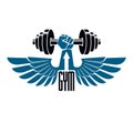 Gym weightlifting and fitness sport club logo, retro style vector emblem with wings. With barbell and strong hand fist. Royalty Free Stock Photo