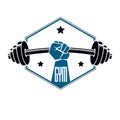 Gym weightlifting and fitness sport club logo, retro stylized vector emblem or badge. With barbell and strong hand fist. Royalty Free Stock Photo