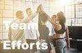 Gym, words and high five of people together with motivation and teamwork from fitness. Success text, exercise efforts Royalty Free Stock Photo