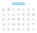 Gym work linear icons set. Cardio, Strength, Weights, Resistance, Endurance, Flexibility, Mobility line vector and Royalty Free Stock Photo