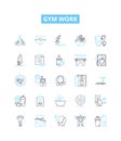 Gym work vector line icons set. Exercise, Fitness, Aerobics, Benchpress, Cardio, Squats, Weights illustration outline