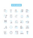Gym work vector line icons set. Exercise, Fitness, Aerobics, Benchpress, Cardio, Squats, Weights illustration outline