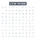 Gym work vector line icons set. Exercise, Fitness, Aerobics, Benchpress, Cardio, Squats, Weights illustration outline