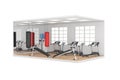 Gymnasium Room Interior with Large Window, Exercise Benches, Leather Punching Bags for Boxing Training, Treadmill Machines and