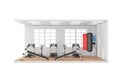 Gymnasium Room Interior with Large Window, Exercise Benches, Leather Punching Bags for Boxing Training, Treadmill Machines and