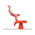 A gymnast with an athletic physique performs a vault, athlete springs onto a vault with his hands.