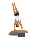 A gymnast with an athletic physique performs a vault, athlete springs onto a vault with his hands. Vector flat design illustration