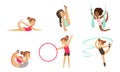 Gymnast Girls Performing Rhythmic Gymnastics Elements with Ball, Ribbon, Hoop, Aerial Silks Vector Illustration Royalty Free Stock Photo