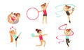 Gymnast Girls Performing Rhythmic Gymnastics Elements with Ball, Ribbon, Hoop Vector Illustration Royalty Free Stock Photo