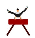 Gymnast on pommel horse vector illustration isolated on white background. Sport man artistic gymnastic performer. Athlete on gym.