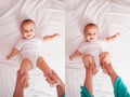 Gymnastic with baby, top view on the bed Royalty Free Stock Photo