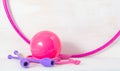 Gymnastic equipment. Skipping rope, clubs for rhythmic gymnastics, hoop and ball on white background Royalty Free Stock Photo