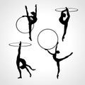 Gymnastic girls with hoops silhouettes collection. Art gymnastics vector set