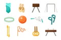 Gymnastics equipment icons set cartoon vector. Gym practice