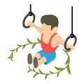 Gymnastics icon isometric vector. Male gymnast on still ring and green branch