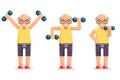 Gymnastics old man grandfather dumbbells exercises happy senior cartoon character design vector illustration