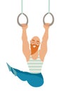 Gymnastics rings. Bearded mustache bald man with muscles hanging on the rings. Stylish man in a frock.