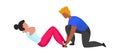 Gymnastics training in gym with instructor. Cartoon coach helps female to pump press. Isolated man and woman doing sport