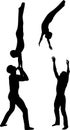 Gymnasts acrobats vector black silhouette on black background. Gymnasts acrobats vector