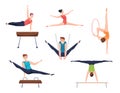 Gymnasts. Athletes characters acrobatic moves fitness training gymnastic elements for woman and man exact vector sport