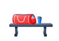 Sports red bag with shaker on bench in gym Royalty Free Stock Photo