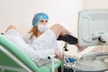 Gynaecologist examining a patient sitting on gynecological chair