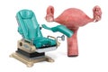 Gynecological examination chair with female uterus, 3D rendering