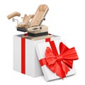 Gynecological examination chair inside gift box, gynecological examination in gift concept, 3D rendering