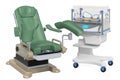 Gynecological examination chair with neonatal incubator, 3D rendering