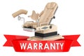 Gynecological examination chair with warranty text on the red ribbon. 3D rendering