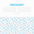 Gynecologist concept with thin line icons: uterus, ovaries, gynecological chair, pregnancy, ultrasound, sanitary napkin, test, em