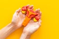 Gynecologist holds woman reproductive system model. Women health care concept