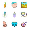 Gynecologist icons set, cartoon style