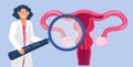 Gynecologist looks through a magnifying glass, concept vector for medical blog. Family planning, pregnancy, infertility