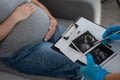 Gynecologist looks at an ultrasound of a pregnant woman. Royalty Free Stock Photo