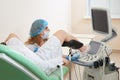 Gynaecologist examining a patient sitting on gynecological chair