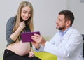 Gynecologist showing echo photo to pregnant woman.