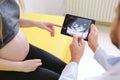 Gynecologist showing echo photo to pregnant woman