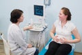 Gynecologist showing ultrasound photo to pregnant woman