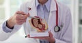 Gynecologist shows fetus in uterus of anatomical model of human organ