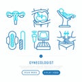 Gynecologist thin line icons set: uterus, ovaries, gynecological