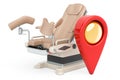 Gynecology Center location concept. Map pointer with gynecological examination chair, 3D rendering