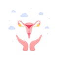 Gynecology and female reproductive system concept. Vector flat medical illustration. Human hand holding uterus isolatedd on white Royalty Free Stock Photo