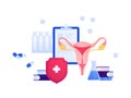 Gynecology and female reproductive system research concept. Vector flat medical illustration. Book, medicine, uterus, pill,