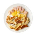 Gyoza Chinese Dumplings, Fried Vegetable Jiaozi with Boiled Potatoes and Canned Meat