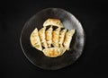 Gyoza Chinese Dumplings Top View, Vegetable Jiaozi, Chicken Momo Pile, Asian Gyoza Portion on Black