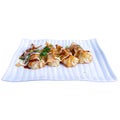 Gyoza Chinese Dumplings on white plate, Fried Vegetable Jiaozi, Chicken Momo Set, Asian Gyoza Collection Isolated on White Royalty Free Stock Photo