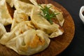 Single Gyoza Chinese Dumpling, Steamed Vegetable Jiaozi, Chicken Momo, One Asian Gyoza on Black